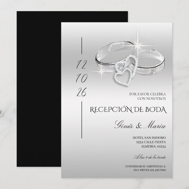 Spanische Glitz Silber Hochzeitsringe Empfang Einladung (Vorne/Hinten)