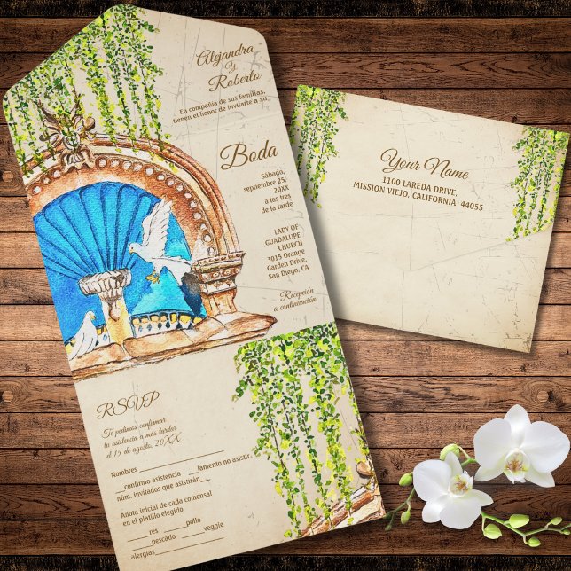 Spanische handgemalte Wasserfarbe Altes Mexiko Hoc All In One Einladung (Von Creator hochgeladen)