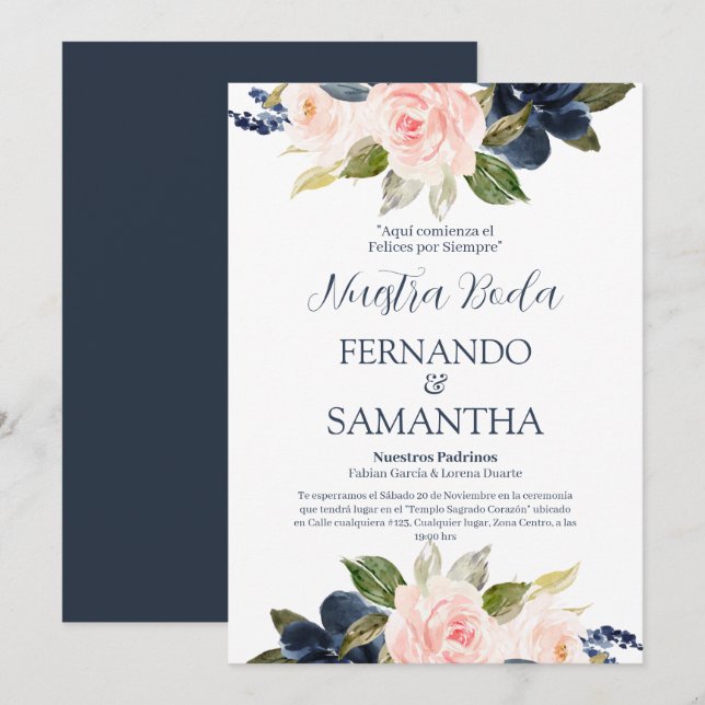 Spanische Hochzeit in Navy Blue und Blush Einladung (Vorne/Hinten)