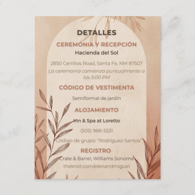 Spanische Hochzeitsdetails Karte Terrakotta-Bogen (Vorderseite)