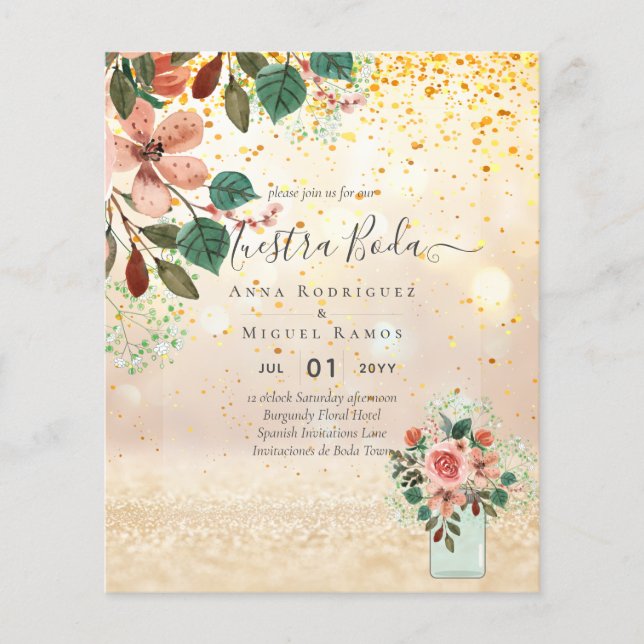 Spanische Hochzeitseinladungen Burgund Floral (Vorderseite)