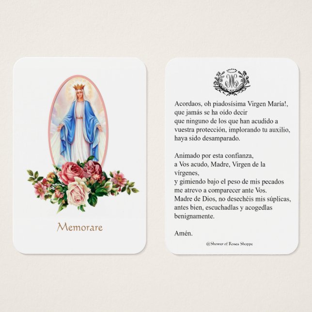 Spanische Jungfrau Mary Prayer Memorare Heilige Ka (Vorne & Hinten)