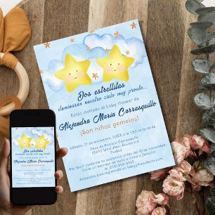 Spanische kleine Sterne blaue Zwillingsjungen Baby Einladung