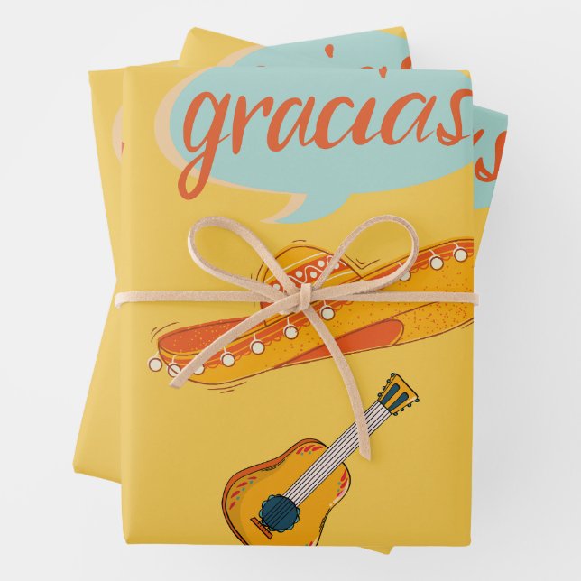 Spanische Kultur-Fiesta Sombrero, Gitarre und Blum Geschenkpapier Set (Beispiel)
