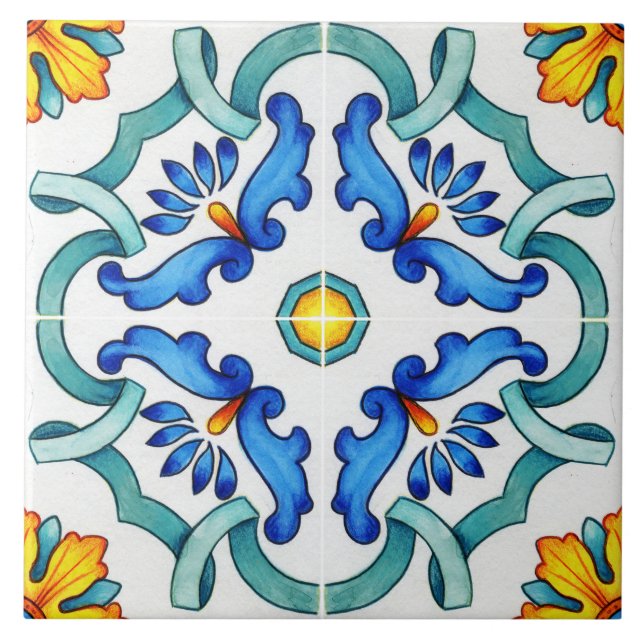 Spanische Majolika Blaue Blumenmosaik Fliese (Vorderseite)
