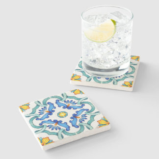 Spanische Majolika Blaue Blumenmosaik Steinuntersetzer