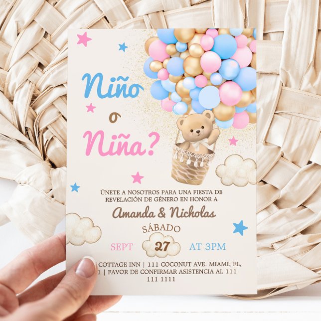 Spanische Nino o Nina Bear Balloon Gender Reveal Einladung (Von Creator hochgeladen)