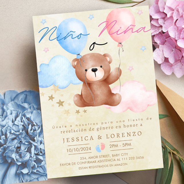 Spanische Nino o Nina Bear Balloon Gender Reveal Einladung (Spanish Nino o Nina Bear Balloon Gender Reveal Invitation)