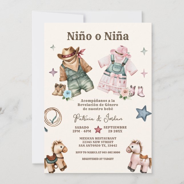Spanische Nino o Nina Cowboy Gender Reveal Einladung (Vorderseite)