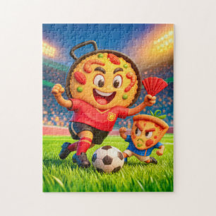 Spanische Paella gegen italienische Pizza Fußballd Puzzle