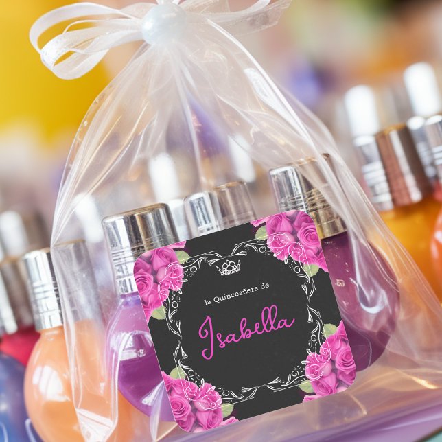 SPANISCHE PINK & SCHWARZE QUINCEAÑERA - ELEGANTE R QUADRATISCHER AUFKLEBER (Von Creator hochgeladen)