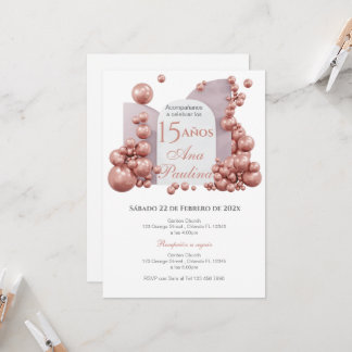 Spanische Quinceañera Rosa Ballons Einladung