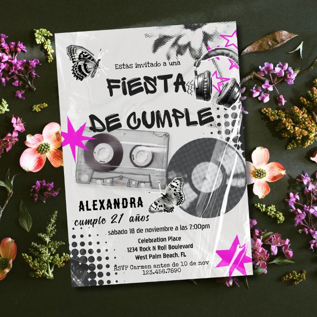 Spanische Retro Musik jedes Alters Schwarz & Rosa  Einladung (Von Creator hochgeladen)