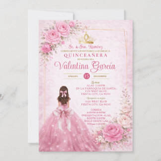 Spanische rosa Blumen-Quinceañera-Blush-Prinzessin Einladung