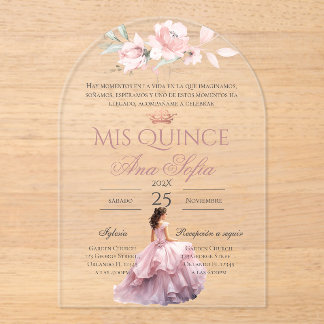 Spanische rosa florale Quinceanera-Einladung Acryleinladungen