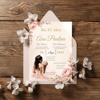 Spanische Rosé Florale Quinceanera Einladung