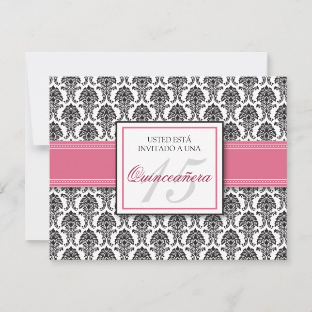 SPANISCHE Rose Pink Damask Quinceañera Invitación Einladung (Vorderseite)