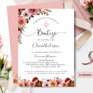 Spanische Tauf-Einladung Rosa Blumenmuster Einladung