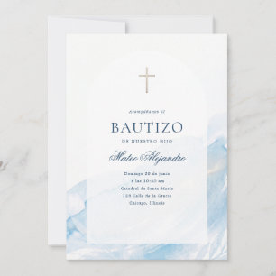 Spanische Taufe Blaue Wasserfarbe Bogen Kreuz Einladung