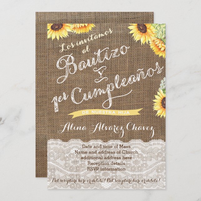 Spanische Taufe & Erster Geburtstag für Latina niñ Einladung (Vorne/Hinten)