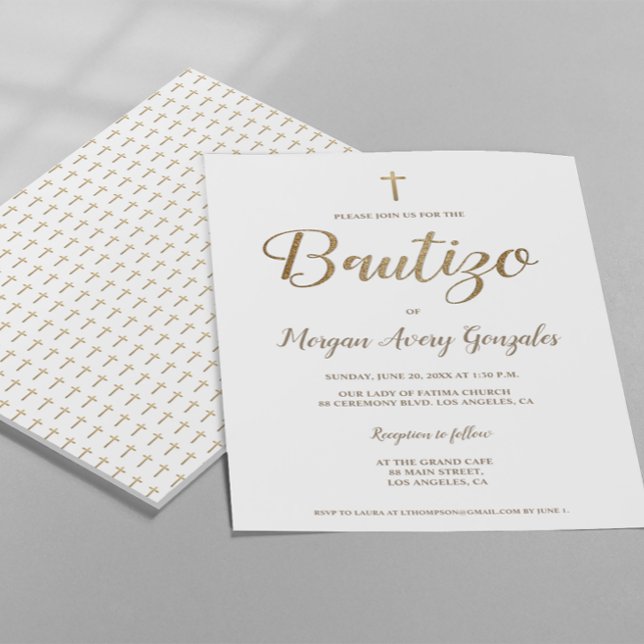 Spanische Taufe Gold Cross White Simple Bautizo Einladung (Elegant, Simple Bautizo Spanish Baptism customizable invitation template Gold cross and white design)