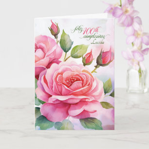 Spanischer 100. Geburtstag Rosa Rosen mit Namen Karte