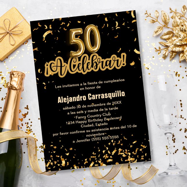 Spanischer Black & Gold Confetti 50. Geburtstag Einladung (Von Creator hochgeladen)