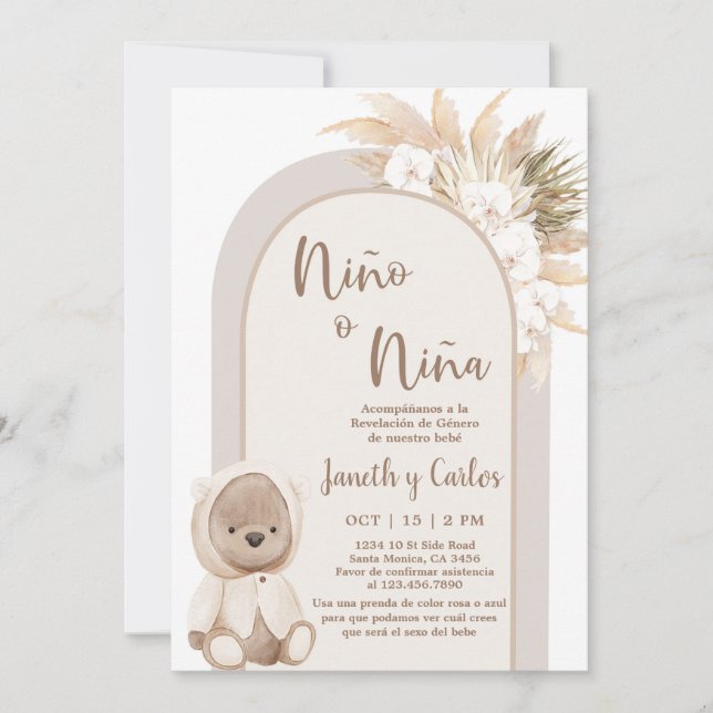 Spanischer Boho Bear He or She Gender Reveal Einladung (Vorderseite)