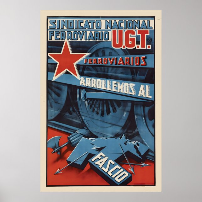 Spanischer Bürgerkrieg Plakat Eisenbahner ran über (Vorne)