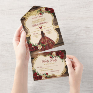 Spanischer Burgund floraler Rustikaler Holz Mis Qu All In One Einladung