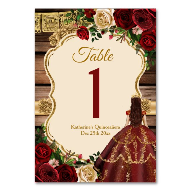 Spanischer Burgund floraler Rustikaler Holz Mis Qu Tischnummer (Vorderseite)