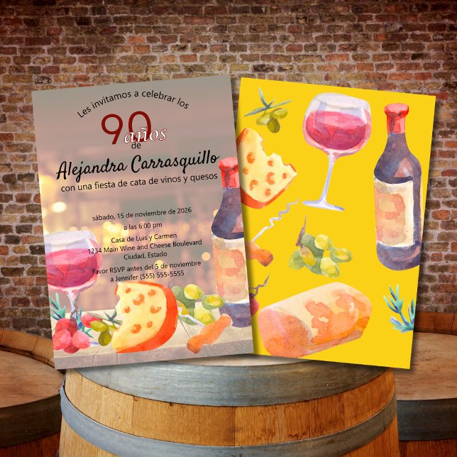 Spanischer Chic Wein & Käse Degustation 90. Geburt Einladung (Von Creator hochgeladen)