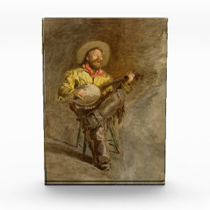 Spanischer Cowboy und Banjo Playing Trail Song Fotoblock