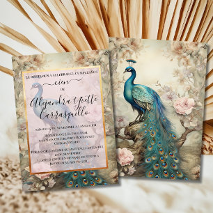 Spanischer Eleganter Goldener Blauer Pfau 100. Geb Einladung