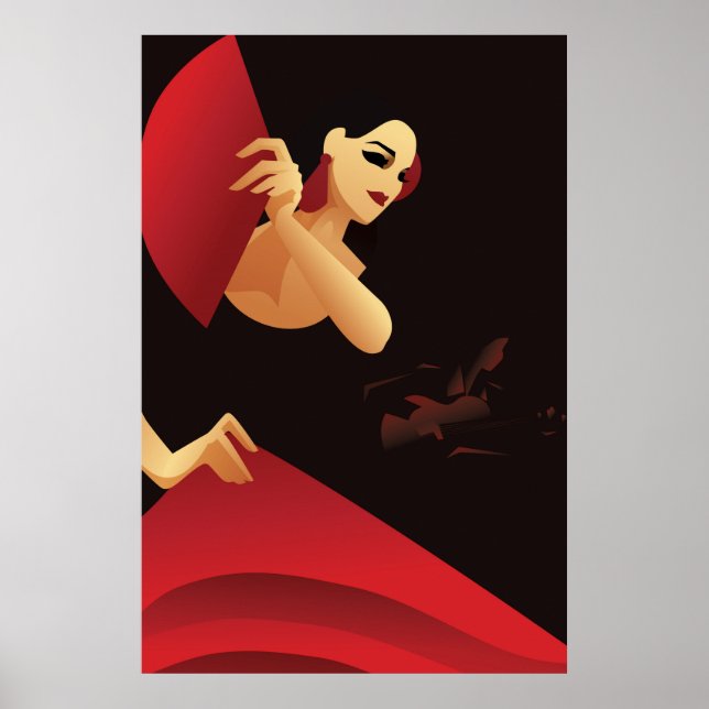 Spanischer Flamenco-Tänzer mit Ventilator, schwarz Poster (Vorne)