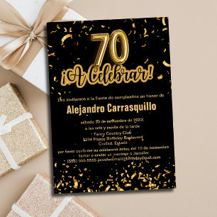 Spanischer Glam Schwarz & Gold Konfetti 70. Geburt Einladung