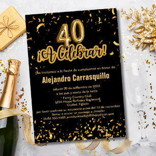 Spanischer Glam Schwarz und Gold Konfetti 40. Gebu Einladung