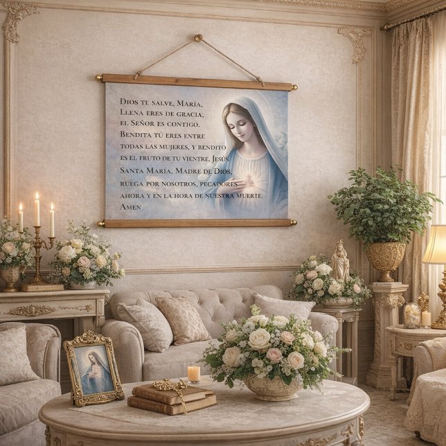 Spanischer Hagel Mary Wandteppich Mit Holzrahmen (Von Creator hochgeladen)