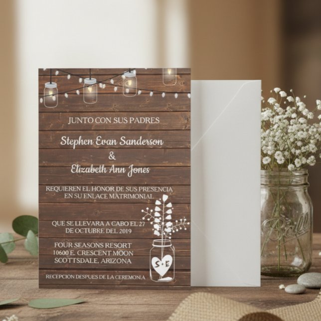 Spanischer Hochzeitstall Mason Jar Classic Wood Einladung (Von Creator hochgeladen)