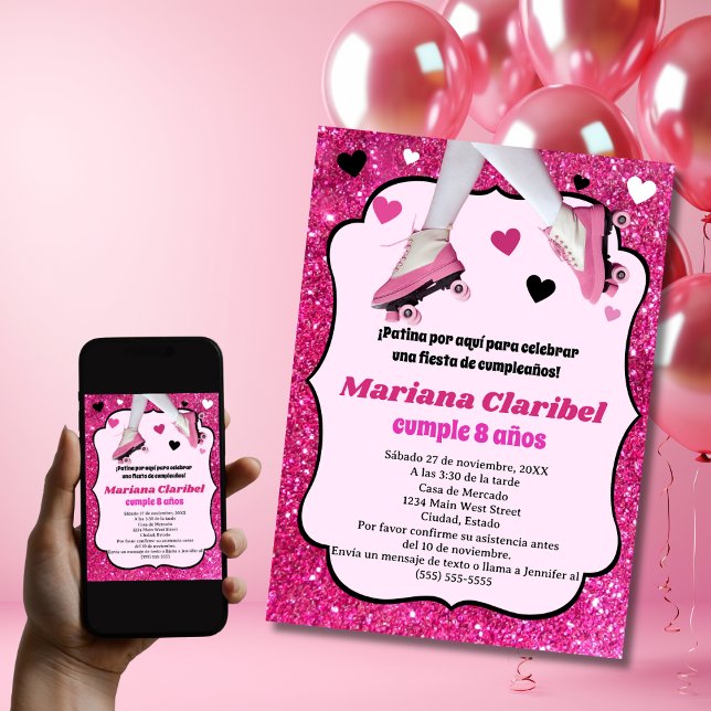 Spanischer Retro Pink Glitzer Skaten Girl's Birthd Einladung (Von Creator hochgeladen)