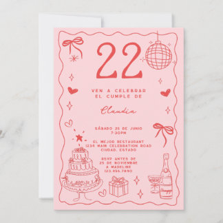 Spanischer Retro Quirky Roter Rosa 22. Geburtstag Einladung