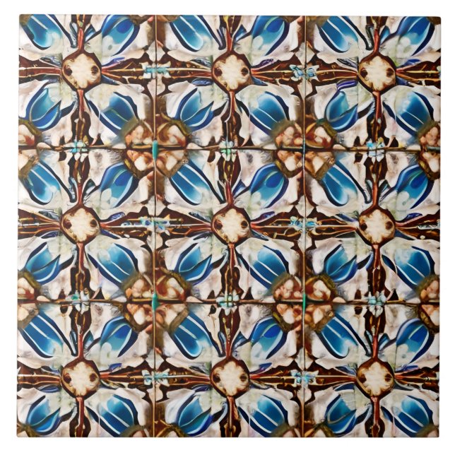 Spanischer Stil Simulated Mosaic Ecru Blue & Brown Fliese (Vorderseite)