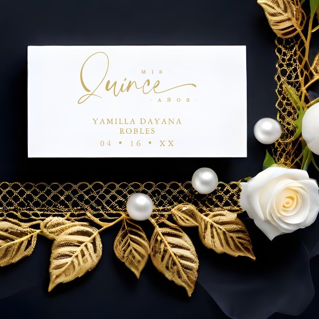 Spanischer Trendy Quinceañera Mis XV Años Zitat Gummistempel (Spanish Trendy Calligraphy Quinceañera Mis XV Años Quote Rubber Stamp. Golden effect.)