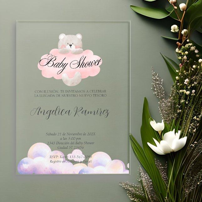 Spanisches Baby Showbären Thema Cloud Geschenkregi Acryleinladungen (Spanish Baby Shower Bear Theme Cloud Gift Registry Acrylic Invitations)