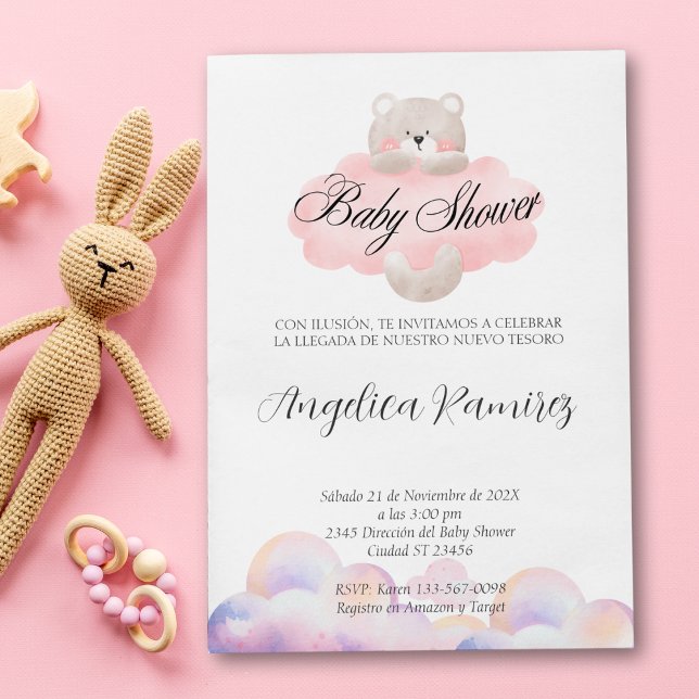 Spanisches Baby Showbären Thema Cloud Geschenkregi Einladung (Spanish Baby Shower Bear Theme Cloud Gift Registry Invitation)