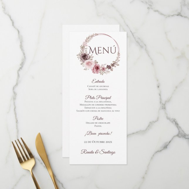 Spanisches Boho Wedding Menu Menükarte (Vorderseite/Rückseite Beispiel)