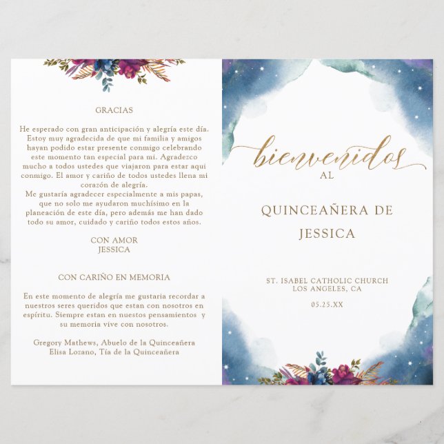 Spanisches Celestial Starry Quinceañera Fold Progr (Vorderseite)