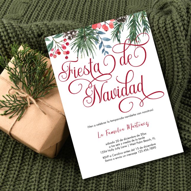 Spanisches Elegantes Pine Red Script Weihnachts-Pa Einladung (Von Creator hochgeladen)