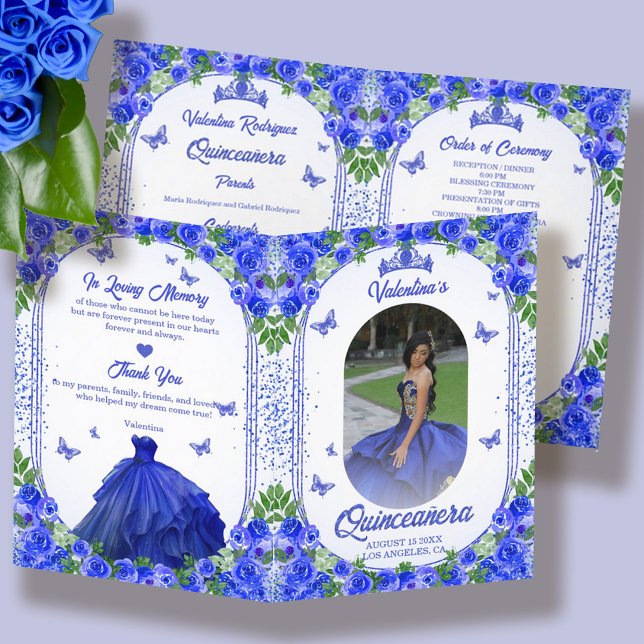 Spanisches Foto Royal Blue Quinceanera Programm (Spanish Photo Rose Gold Blush Pink Quinceanera Program)