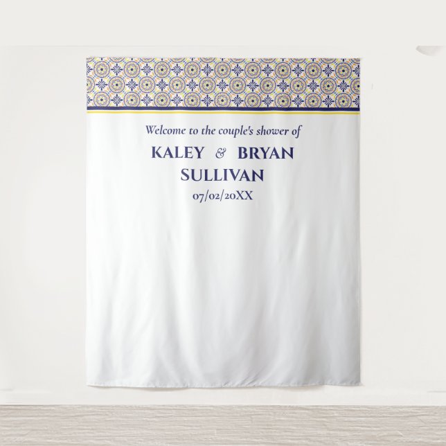 Spanisches Navy Yellow Tile Dusche Foto Background Wandteppich (Vorderseite)